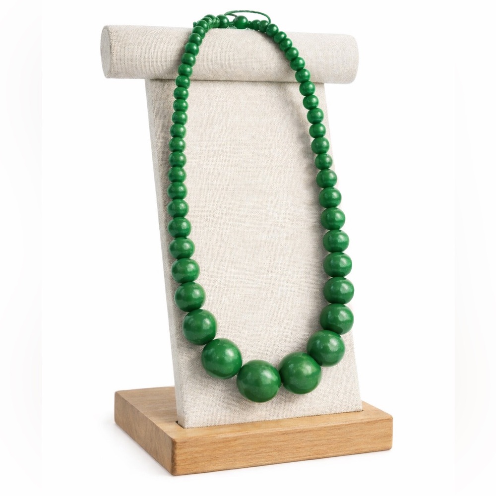 Unbranded Wooden Beaded Necklace Green Graduated Polished Pull String Handmade